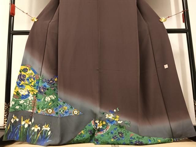 平和屋着物○友禅作家 河野栖山 訪問着 手描き 花鳥唐草文 暈し染め