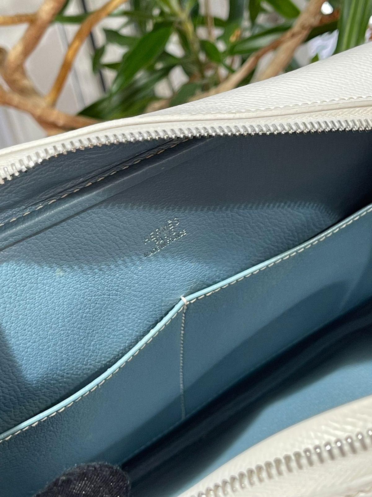 美品】HERMES エルメス プリュム 28 ヴォーエプソン ホワイト×ブルー 