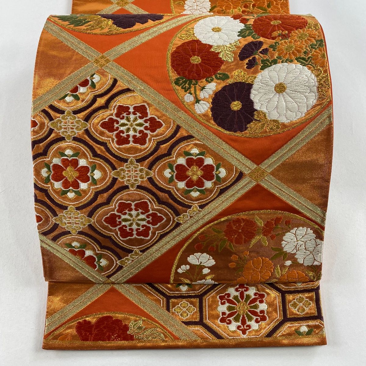 袋帯 名品 河合美術織物 落款 関西仕立て 菊 蜀江華文 唐織 箔