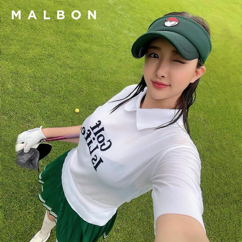 【新品未使用】 MALBON GOLF マルボンゴルフ Logo ニット ポロシャツ 半袖 ゴルフウェア レディース ショート 韓国 ゴルフ ゆったり カジュアル 2色 大人気