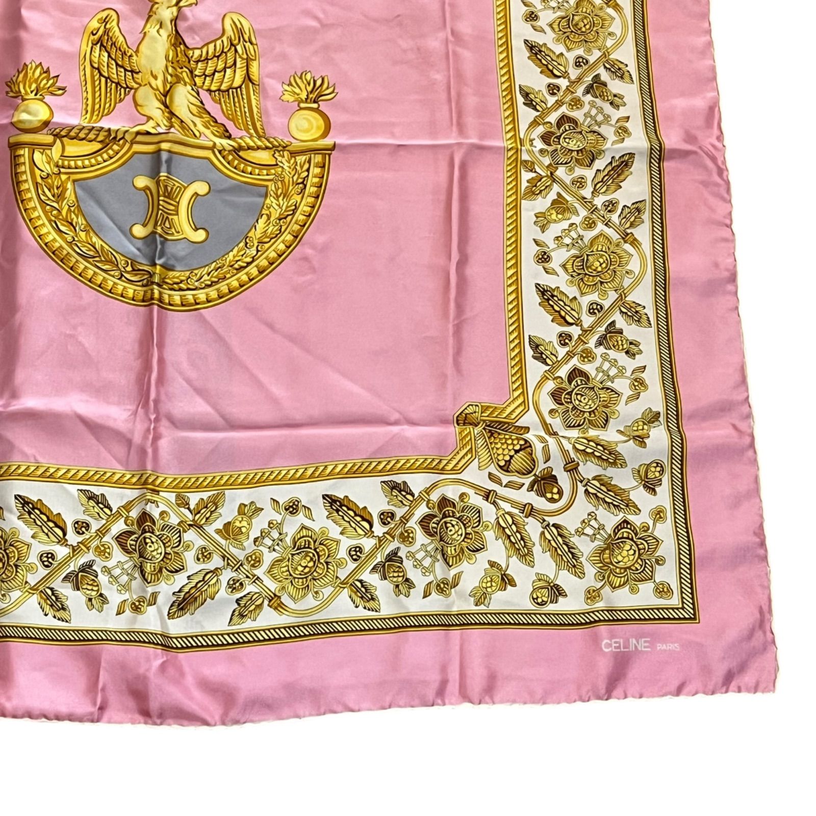 管34670】CELINE セリーヌ スカーフ ピンク×グレー クレスト柄 100