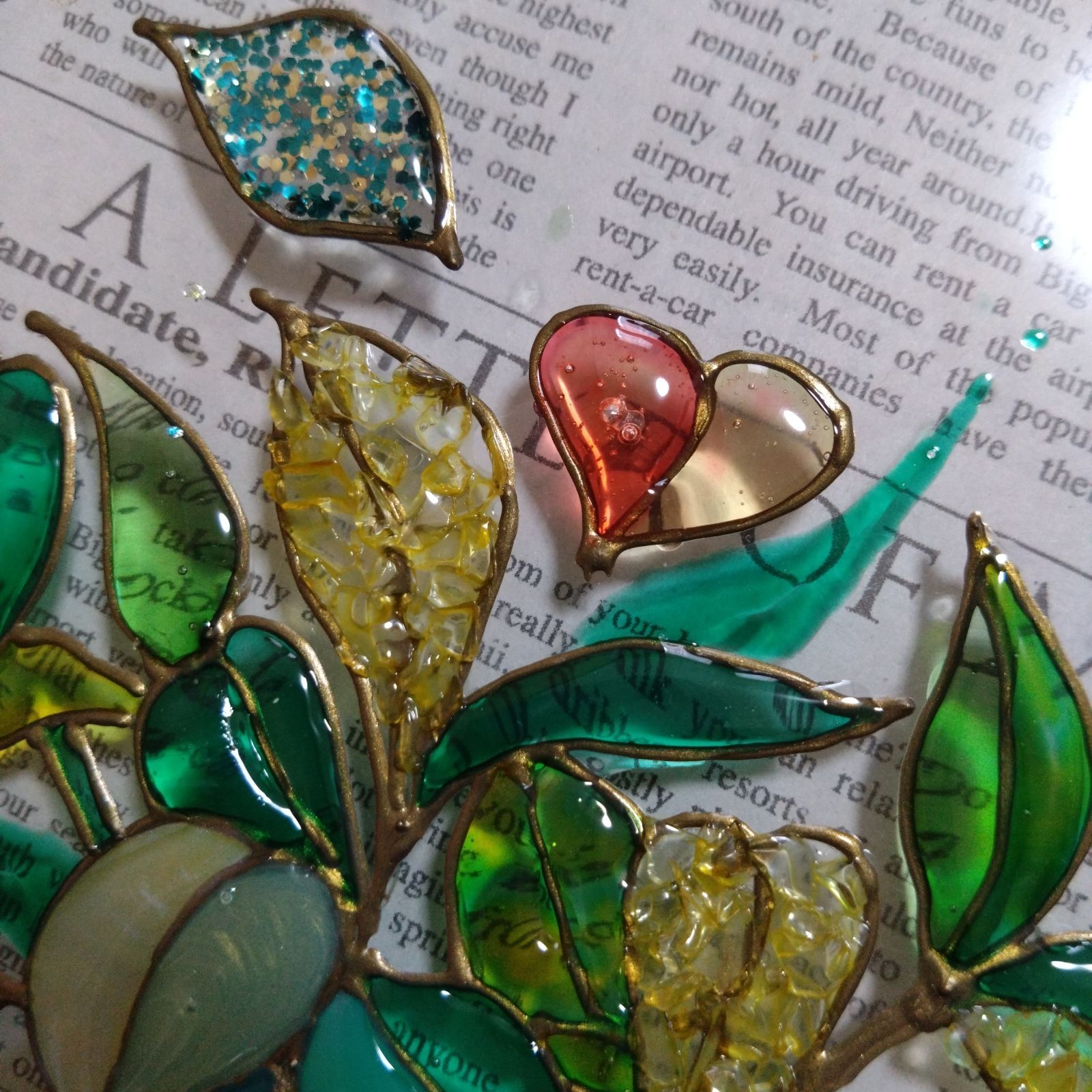 幸運☆天然石シトリンのガジュマル＆水晶 ステンドグラス風 縦長大きめ  