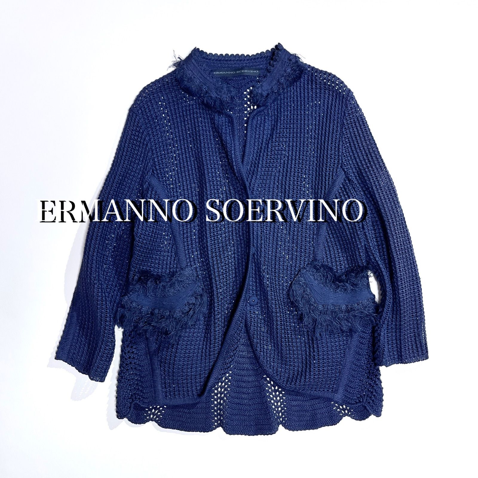 cj64 ERMANNO SCERVINO デザイン 透かし編みフリンジ ジャケット カーディガン　デザインジャケット　フリンジ　装飾　エルマンノシェルヴィーノ cj64 ERMANNO SCERVINO デザイン 透かし編みフリンジ ジャケット