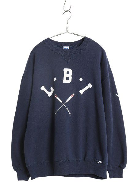 なクーポン配布中! 80s ラッセル 2段 プリント スウェット メンズ レディース L | ヴィンテージ トレーナー 前V 裏起毛 クルーネック ワンポイント 紺