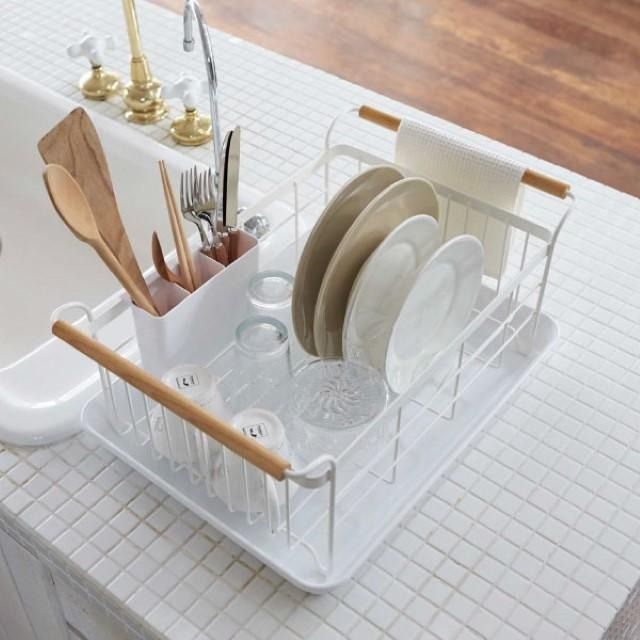 山崎実業 水切りバスケット トスカ tosca 水切りラック ディッシュラック ディッシュスタンド ディッシュストレージ 皿立て 皿たて おしゃれ 北欧 ホワイト 白 木 天然木 キッチンツール キッチン収納 キッチン雑貨 食器収納 yamazaki