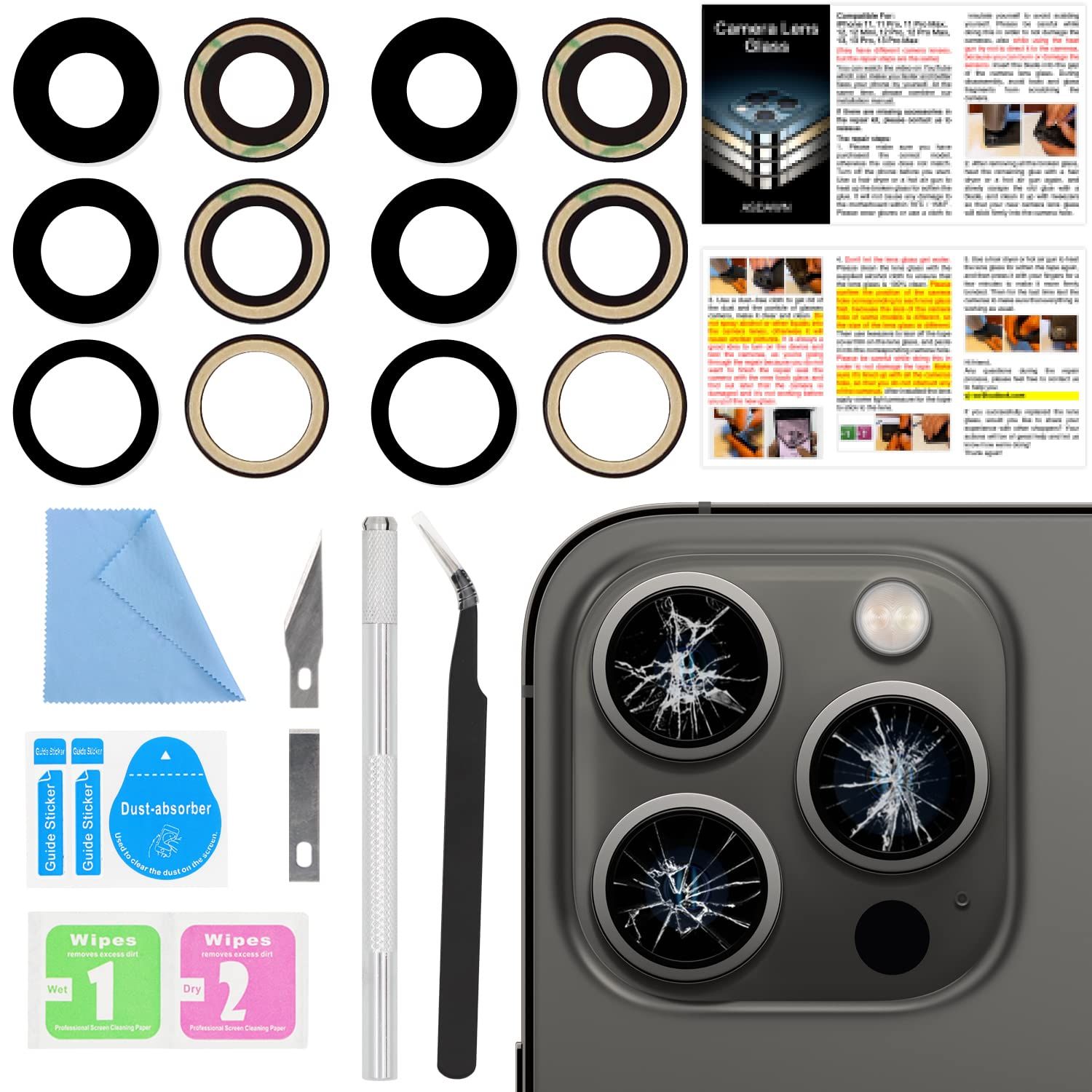 ASDAWN バックリアカメラレンズガラス交換品 iPhone 13 Pro Maxおよび13 Proカメラガラスレンズ交換品 取り付け済み接着剤付き + 修理ツールキット + 取り付けマニュアル 2個 