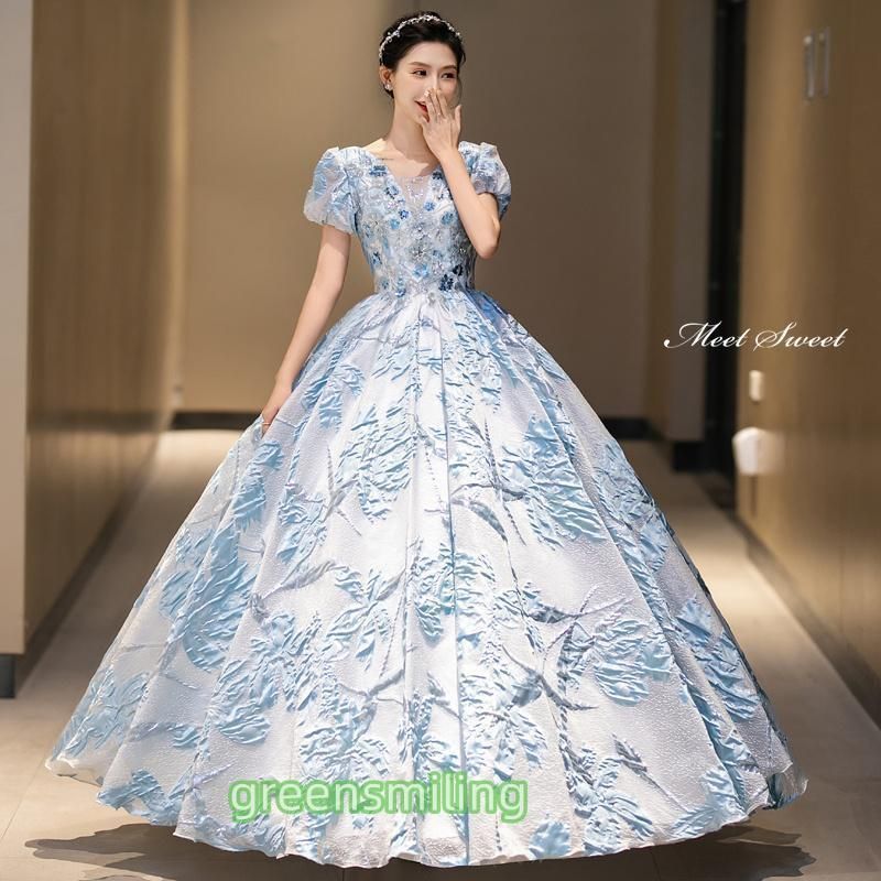 ドレス プリンセスライン ロングドレス ブルー パフスリーブ 花柄 半袖 ウェディングドレス 結婚式 二次会 花嫁 前撮り 演奏671人気急上昇