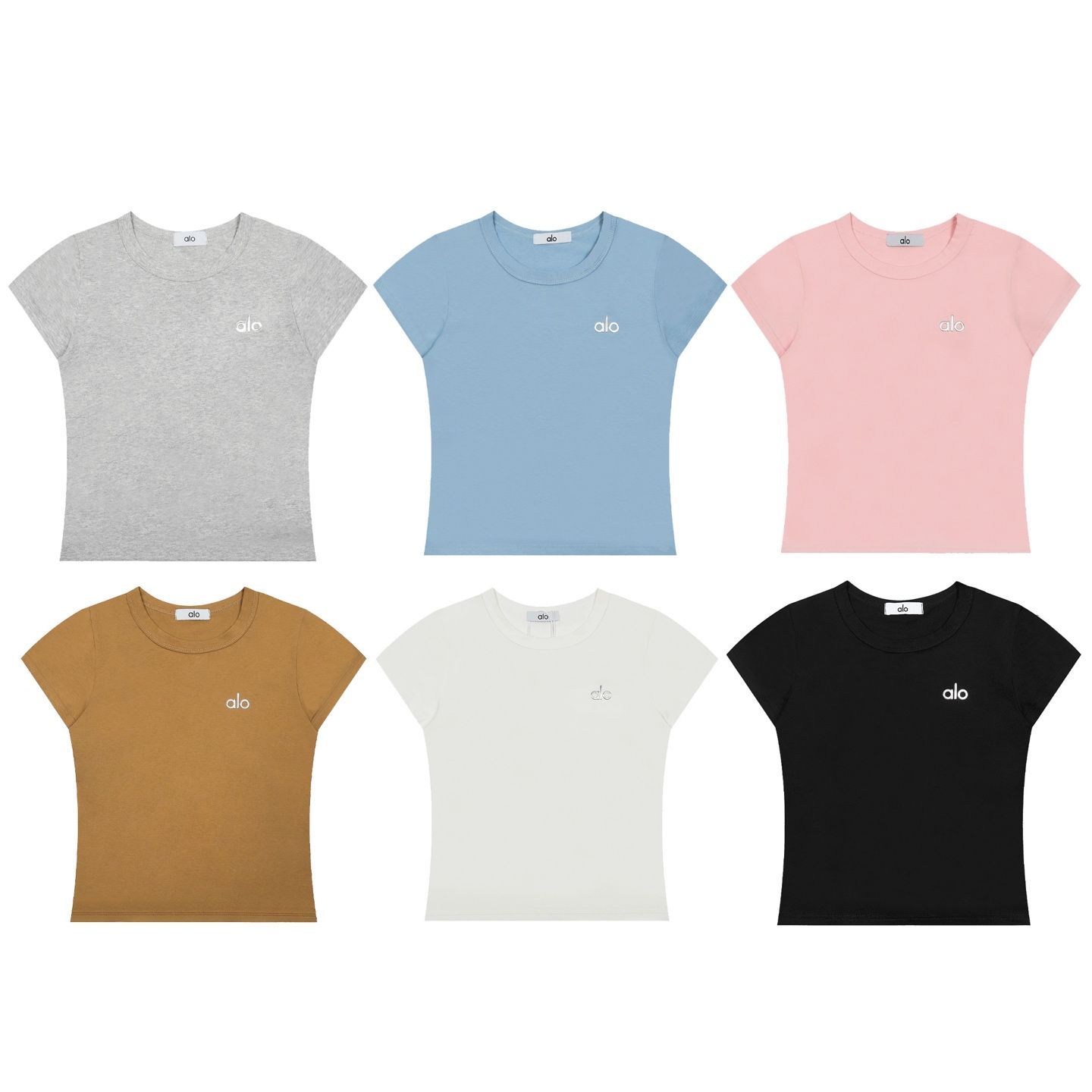 Alo Yoga ミニマリストINS風 小さなロゴ入り 半袖Tシャツ 夏用 スリムフィット クルーネック 無地 正肩デザイン