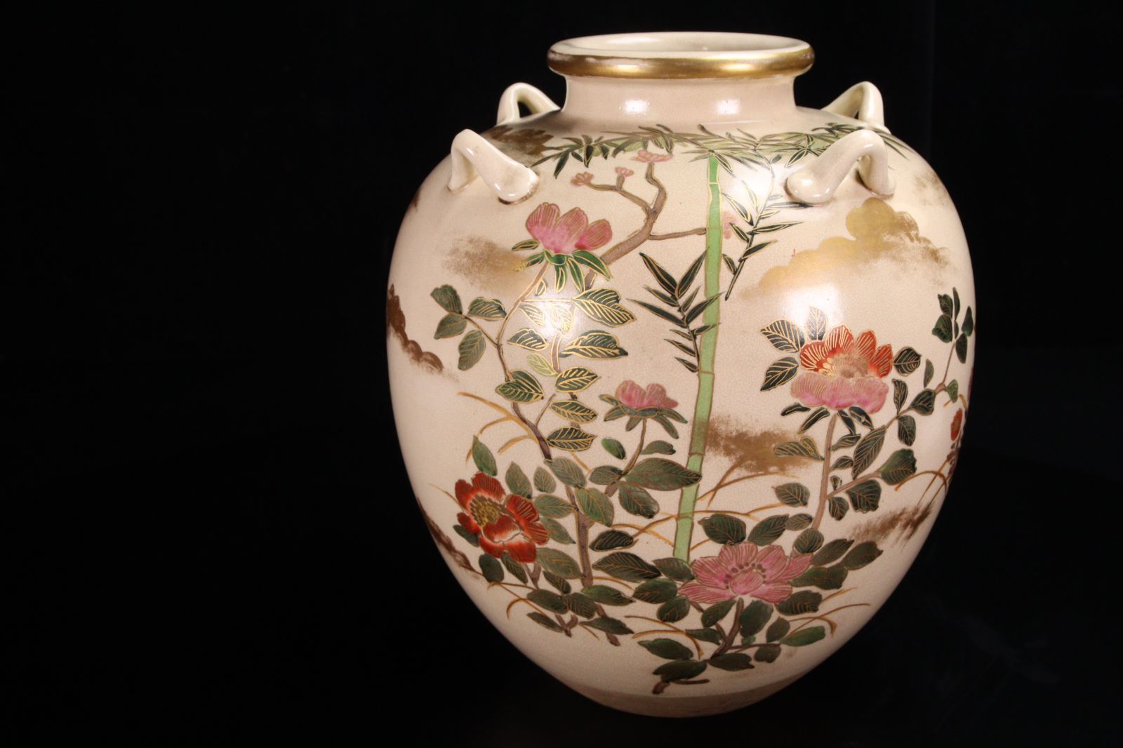 仁清銘　金彩装飾文四耳壺　古美術 仁清焼 野々村仁清作 色絵金彩竹椿図四耳壷 28.5cm 唐物 骨董 古