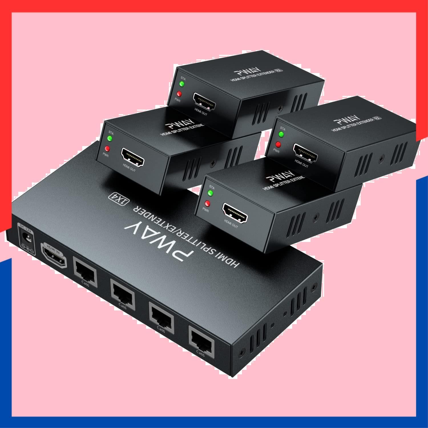 在庫処分 1電源サポート 1 EDID IN 3D Cat7 | | 4 Cat6 Cat5e HDMIエクステンダースプリッター伝送165フィート 50m By OUT 1080P 1X4 PW-HT226P4