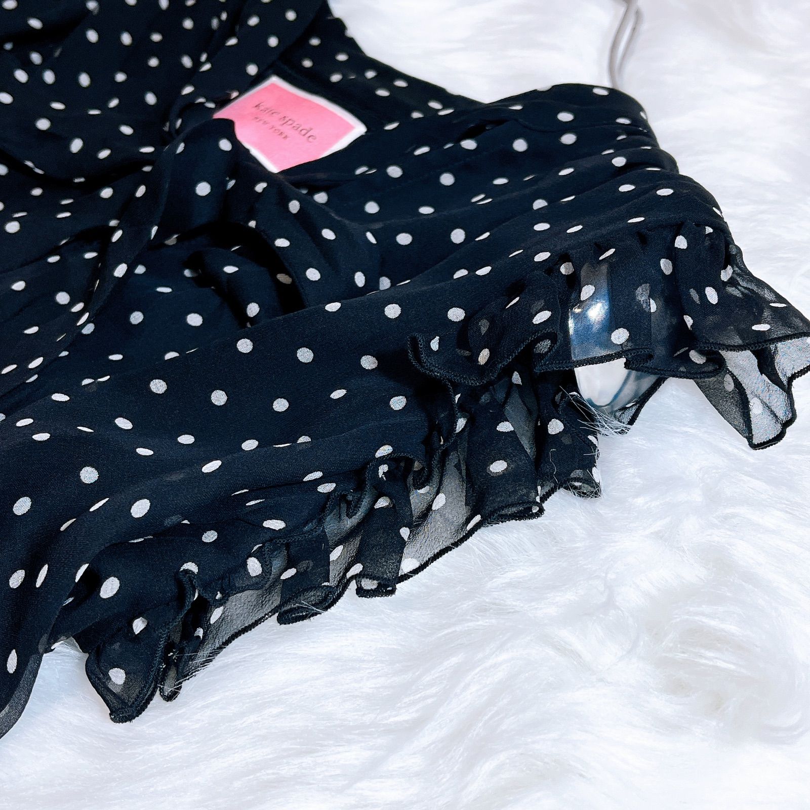 kate spade ドット ワンピース 黒 XS ケイトスペードニューヨーク シルク ノースリーブ ワンピース