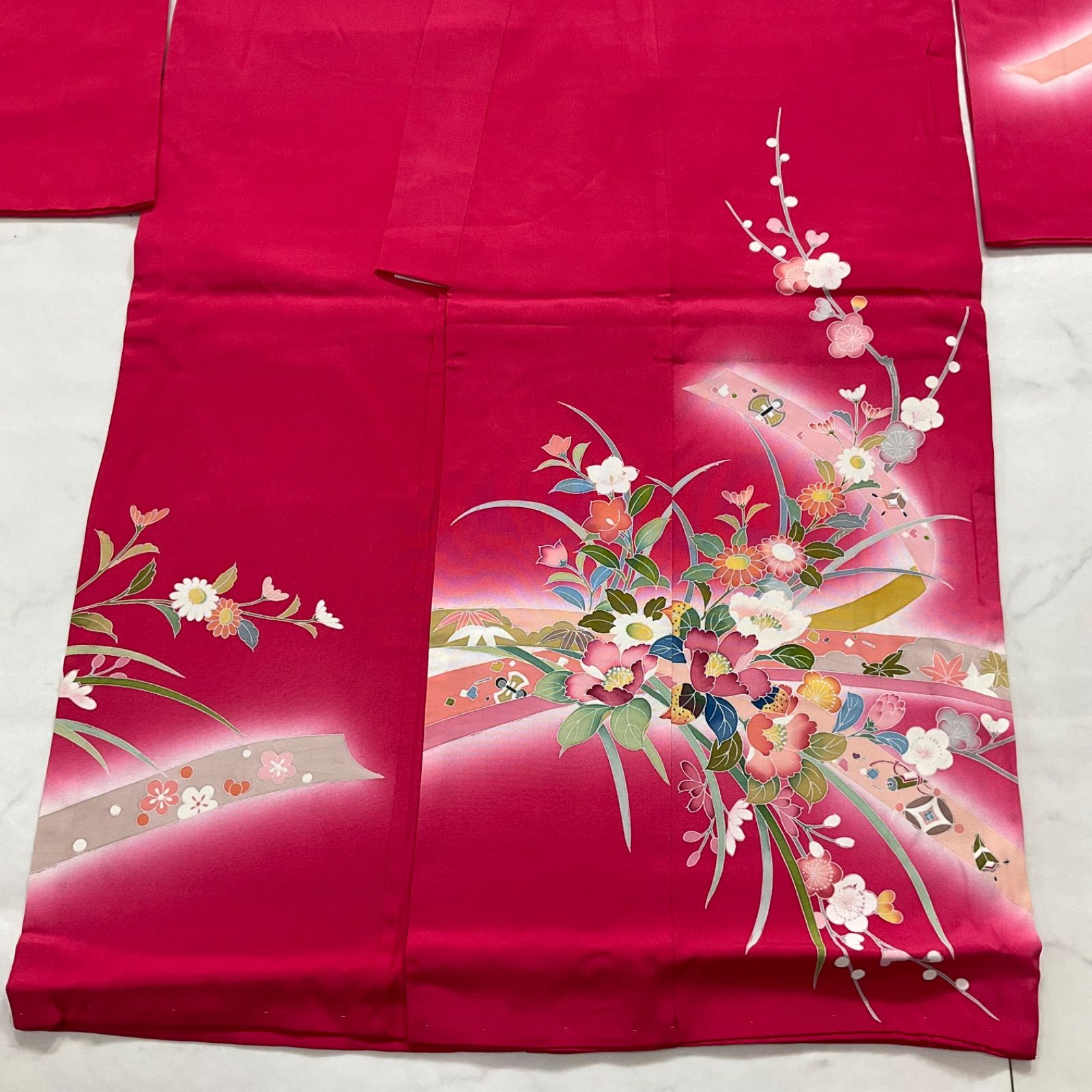 one◆♥同然◆7歳くらい用◆女の子着物◆手描き友禅◆正絹◆子供着物◆七五三◆袷◆裄58㎝肩丈121㎝◆七五三お詣り女の子着物こどものひお正月卒業式十三詣り◆G317