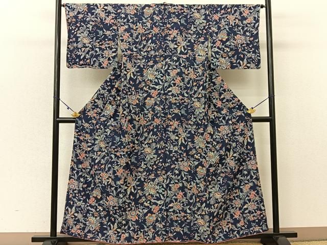 平和屋着物□上質な小紋 更紗草花文 金彩 正絹 逸品 未使用