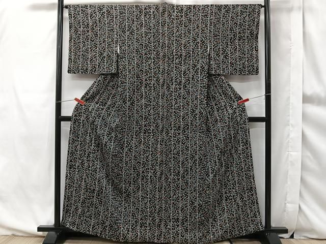 平和屋着物□上質な小紋 絞り 枝花間道 黒地 正絹 逸品 CAAQ6835xi  