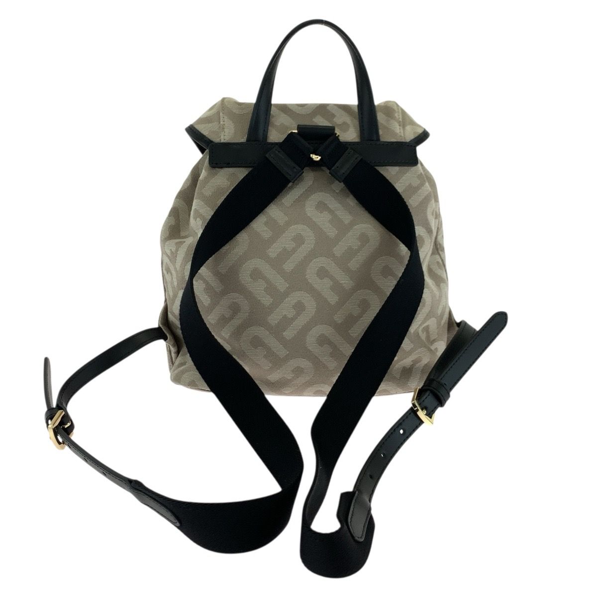 【美品】FURLA フルラ リュック　レザー×キャンバス ブラック×ベージュ 美品】FURLA フルラ リュックレザー×キャンバス ブラック×ベージュ