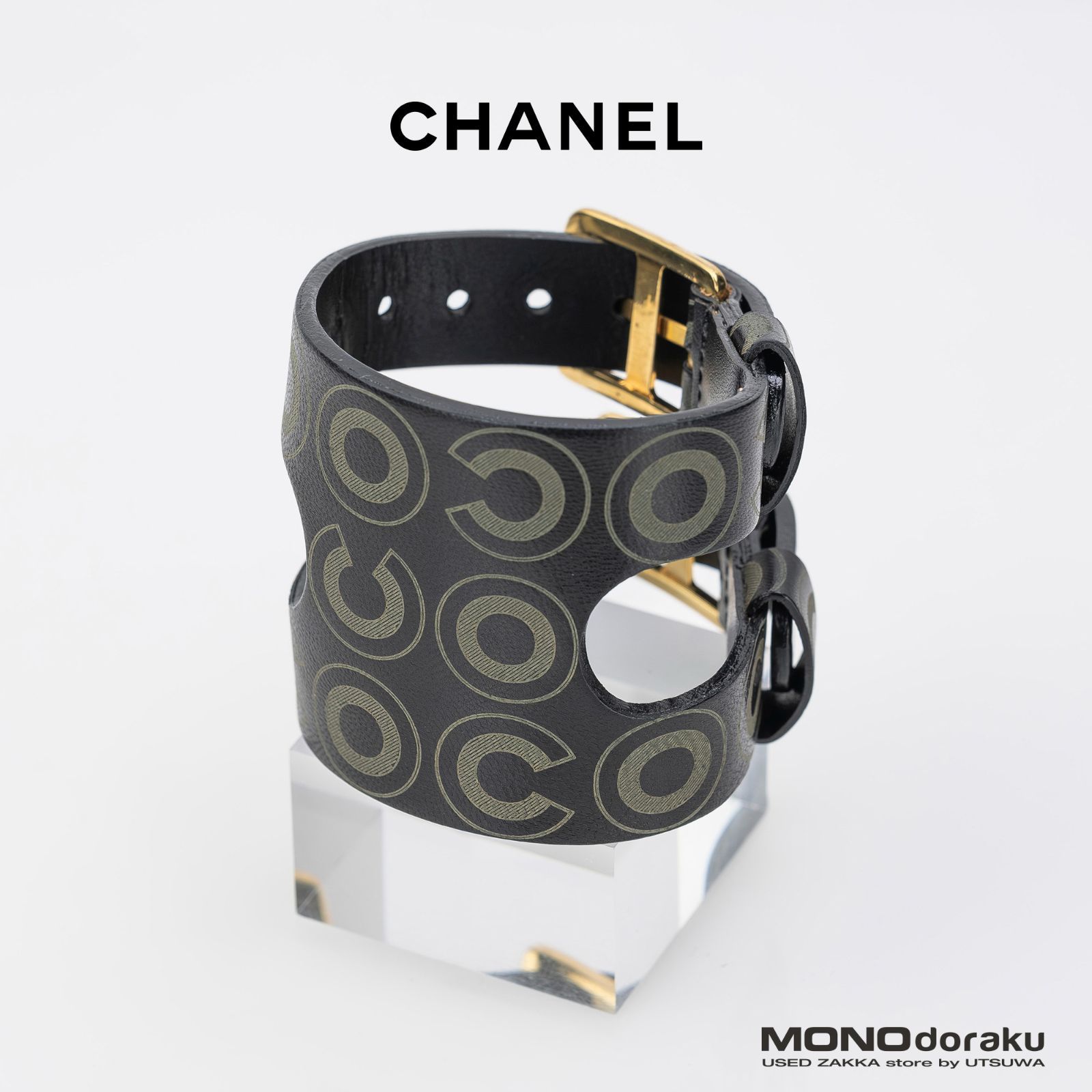 シャネル CHANEL レザーバングル 01A ヴィンテージ カール ラガーフェルド期 ブラック ゴールド金具