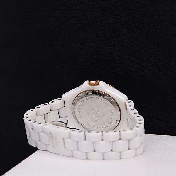 稼働 良品 ルビンローザ QZ R305 セラミック ホワイトシェル文字盤 デイト 石付 レディース腕時計 HSY