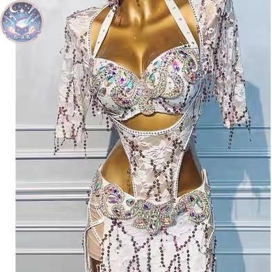 ベリーダンス衣装 ブラベルトスカートセット　ホワイト　オーダーメイド ベリーダンス衣装 ブラベルトスカートセット ホワイト オーダー