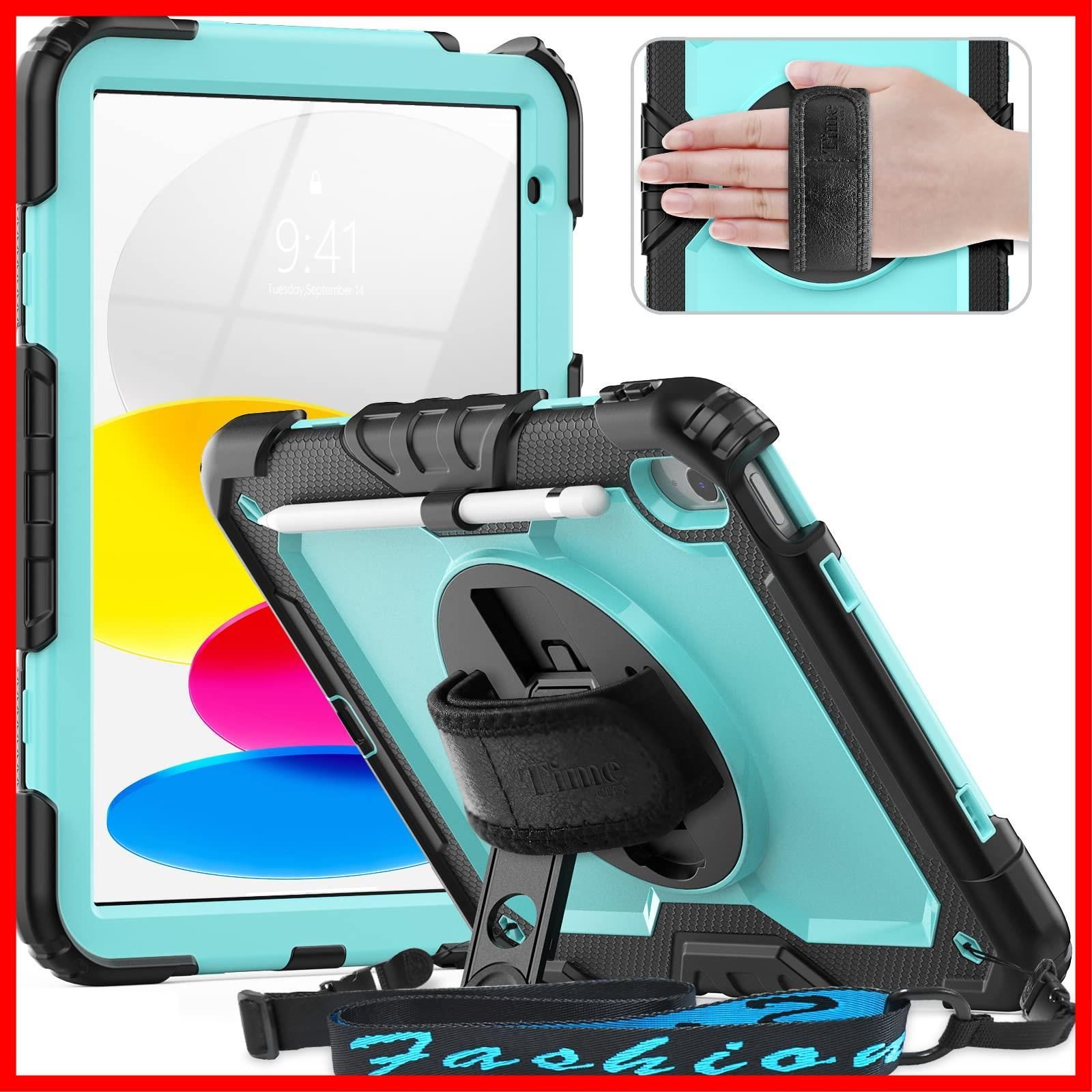 【特売】Timecity iPad 第10世代 ケース 2022モデル対応 耐衝撃 Timecity iPad 十世代 10.9インチ ケース 360度回転スタンド 保護フィルム内蔵 傷つけ防止 頑丈 耐久性 肩紐 ハンドストラップ付き ペン収納 肩掛け 多機
