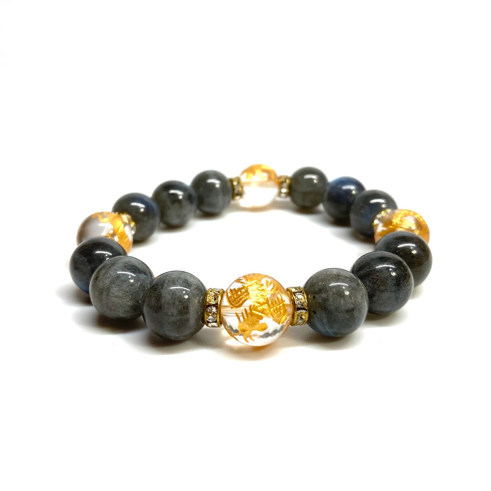 12mm 四神獣金彫水晶×ラブラドライト パワーストーン ブレスレット 