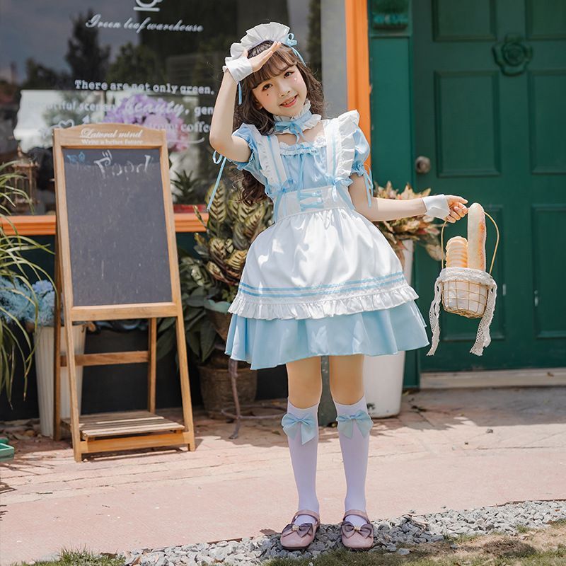 ブルー ロリータ メイド服 ハロウィン コスプレ子供 ドレス 女の子 130