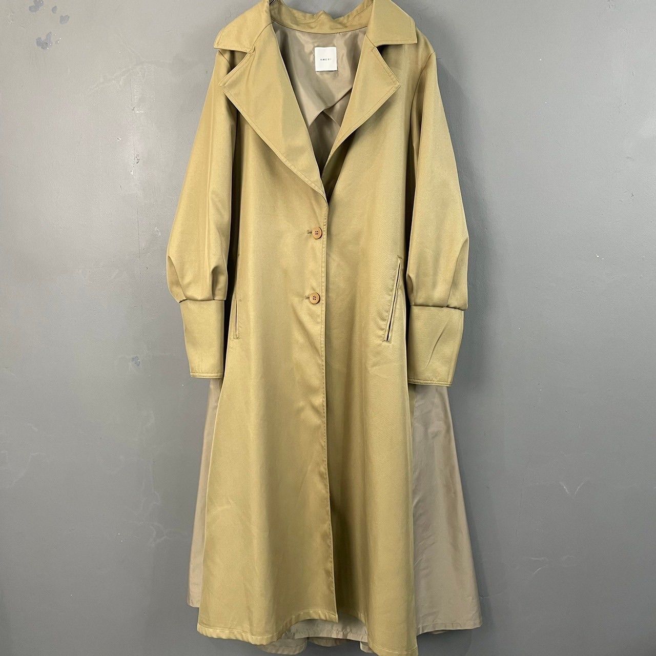 AMERI アメリ　ベージュ トレンチコート セール】FOIL PAINTING SHEER TRENCH COAT（トレンチコート
