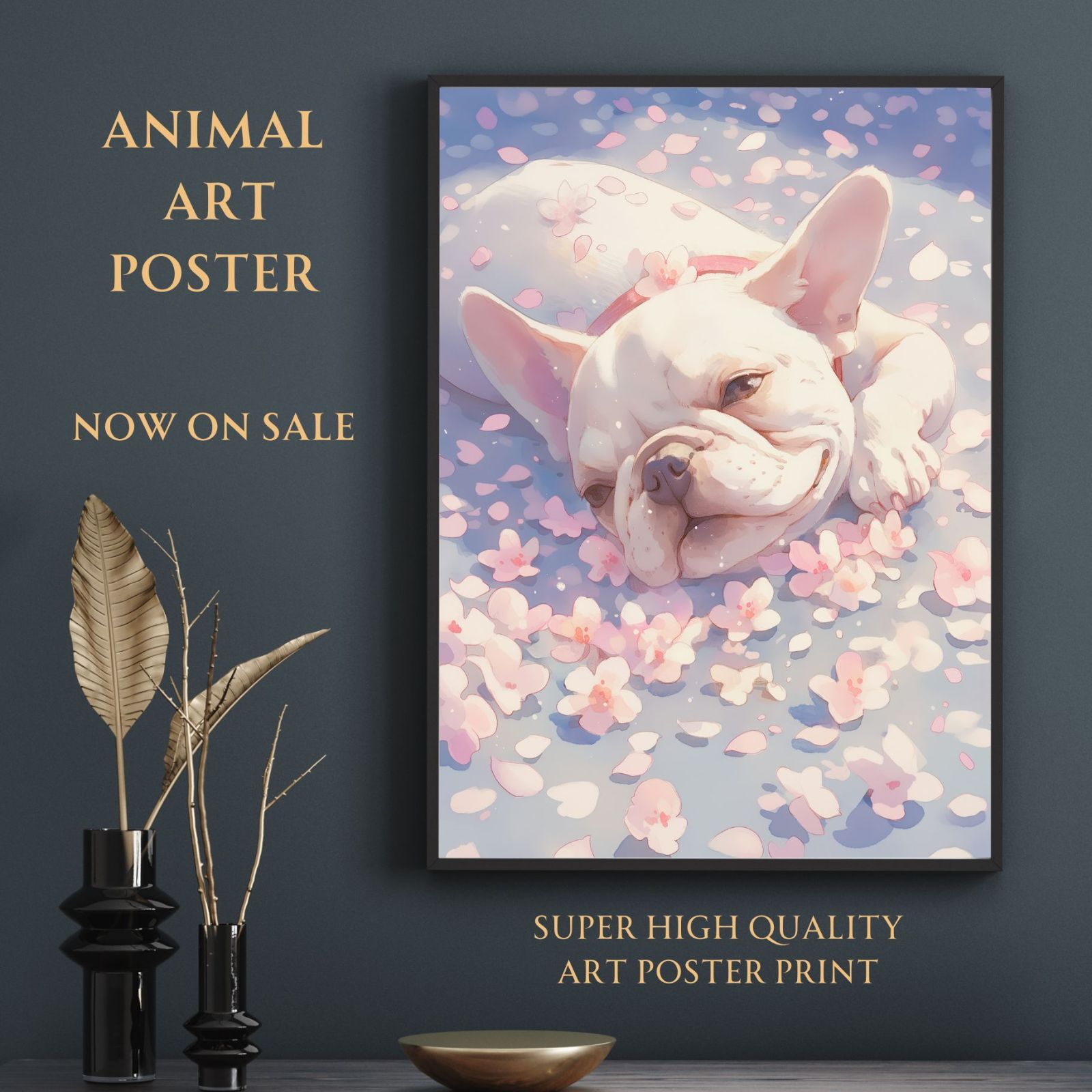 桜犬戯舞 - フレンチブルドッグ犬 No.1 桜 花見 春 花びら 子犬 ペットロス うちの子 記念日 アートポスター 犬の絵 犬のイラスト ギフト プレゼント