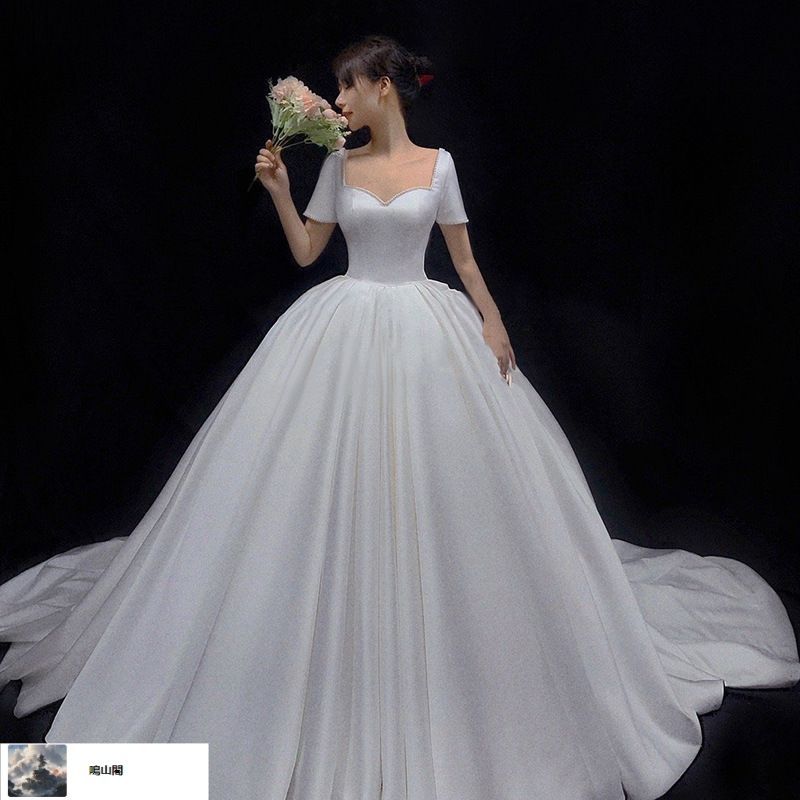 送料無料 サテン軽やかウェディングドレス 宮廷風×韓国風エレガンス 小柄花嫁に映えるトレーン付き主婚 !-利用不可文字-! |8.12LYC680夏の新生活