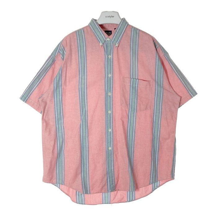 GAP ギャップ OLD ボタンダウン オックスフォード 半袖シャツ ドミニカ共和国製 ストライプ ピンク sizeXL