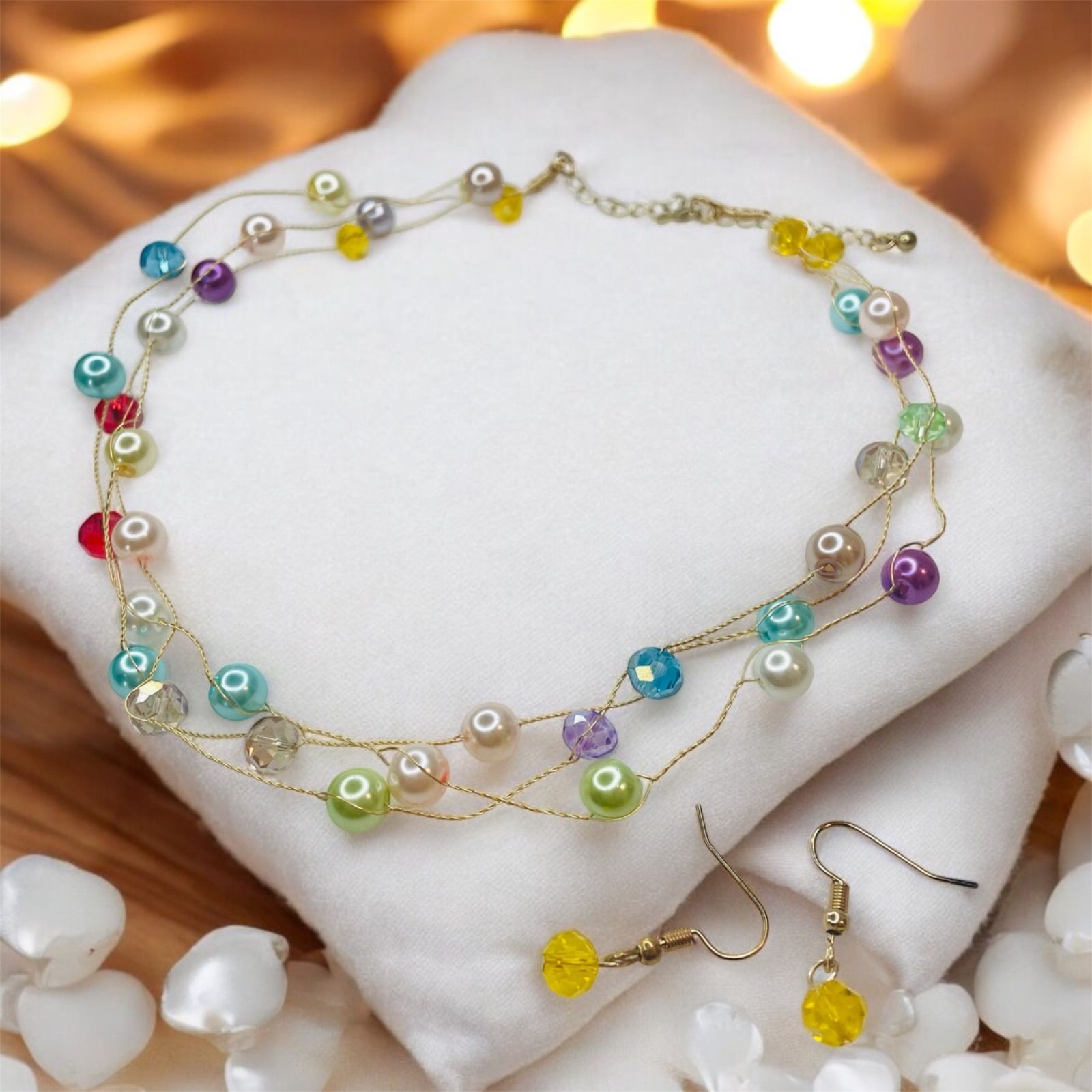 虹の粒セット カラフルビーズ パール ワイヤーネックレス＆ピアス 