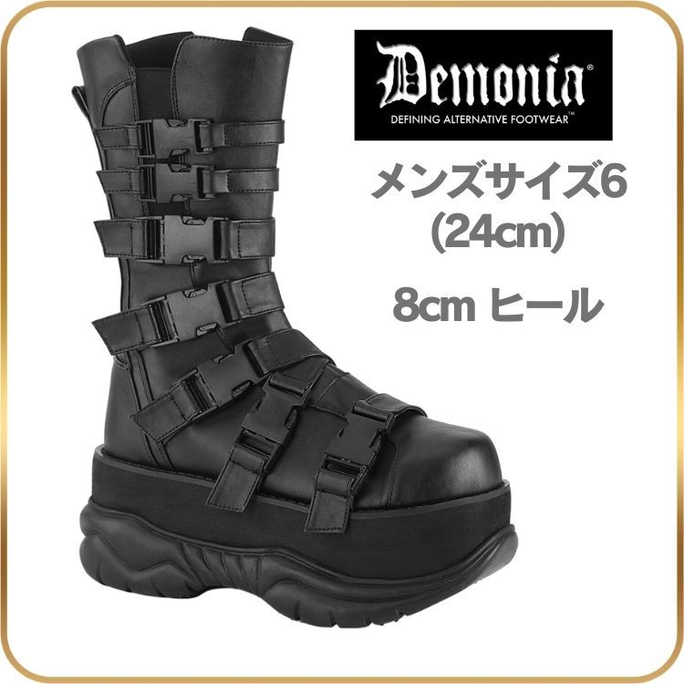 24 cm demonia デモニア 厚底 ブーツ ショートブーツ ミドルブーツ 8cm ヒール 黒 ブラック つや消し 厚底ブーツ メンズブーツ バックル ストラップ ベルト ジッパー 厚底靴 V系 ブーツ ゴスロリ ゴス パンク 原宿系
