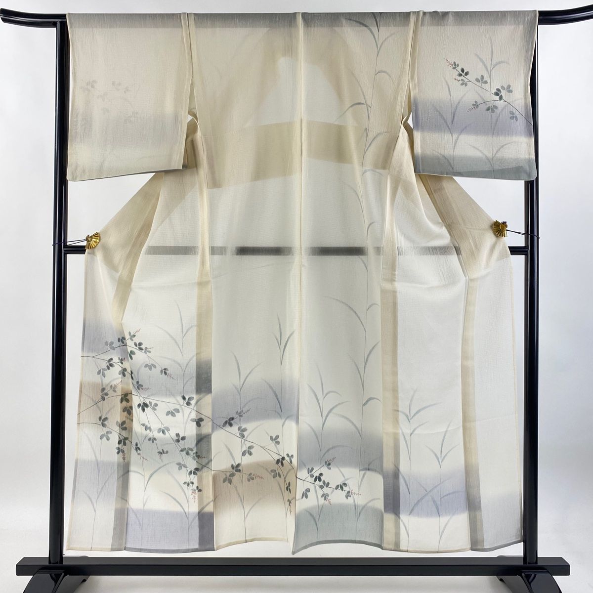 訪問着 身丈155cm 裄丈65cm M 薄物 萩 葉 金彩 クリーム 正絹 秀品