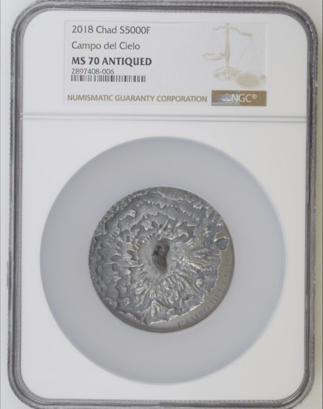2018 Chad S5000F Silver 5oz Campo Del Cielo NGC MS 70 Antiqued Mintage 500
