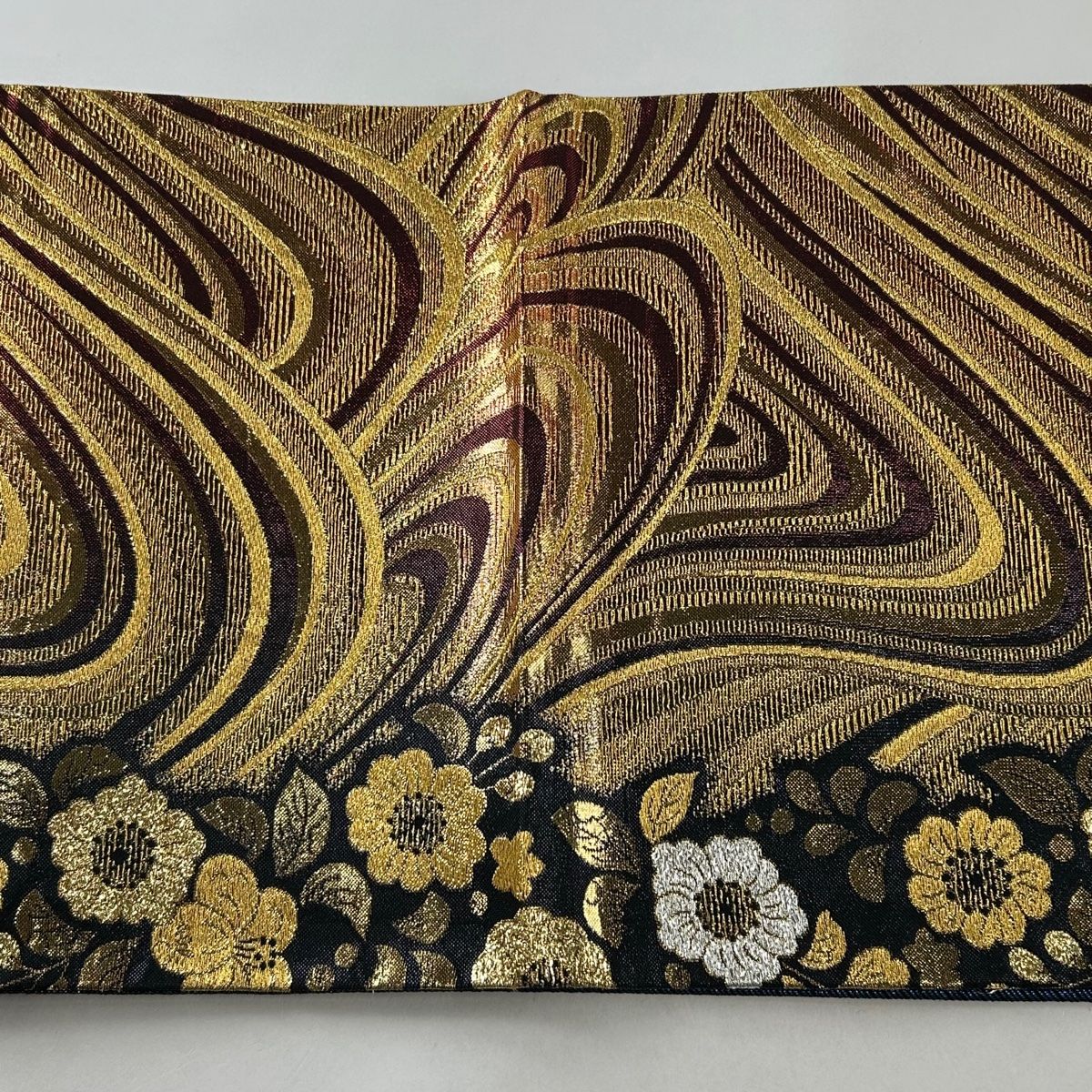 袋帯 美品 秀品 草花 波 箔 金糸 紺色 全通 正絹 【中古
