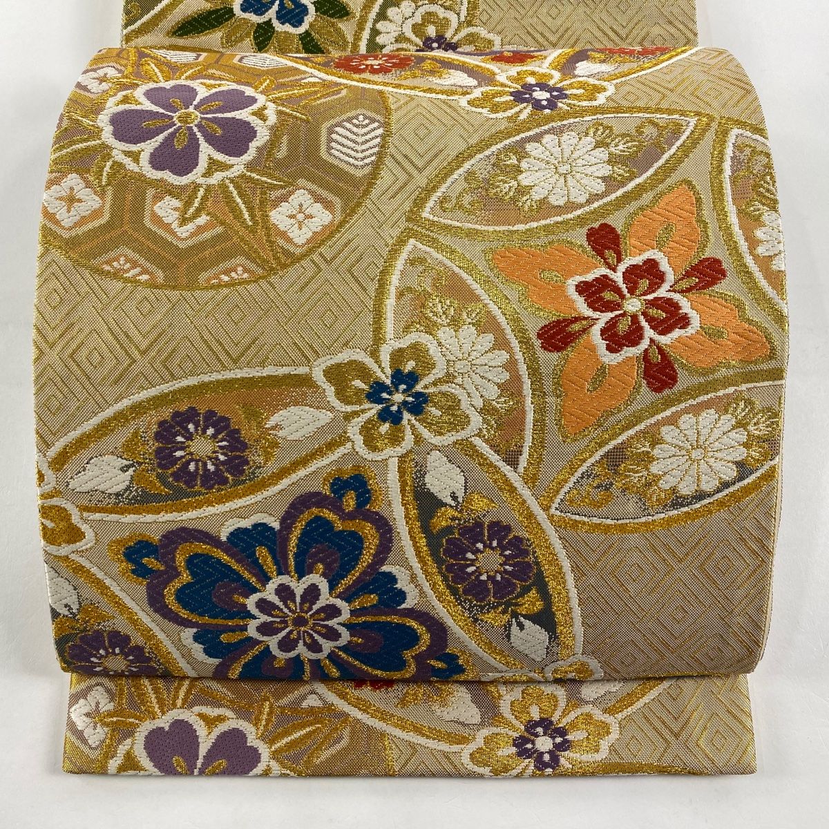 美品】 袋帯 秀品 七宝 花 箔 金糸 ベージュ 六通 正絹 【中古