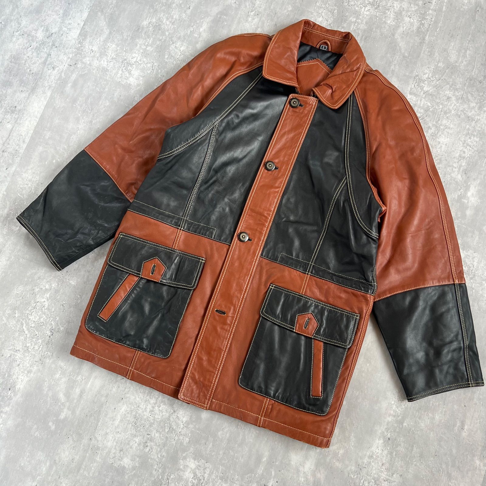 極上90sイタリア製ユーロヴィンテージMARCOSレザーハンティングジャケット 90s Vintage バイカラー Brown × Black 羊革 ハンティングレザー