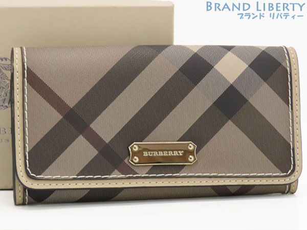 バーバリー BURBERRY スモーク チェック コンチネンタルウォレット 二つ折り長財布 トレンチ ブラウン ベージュ PVC レザー 3882786