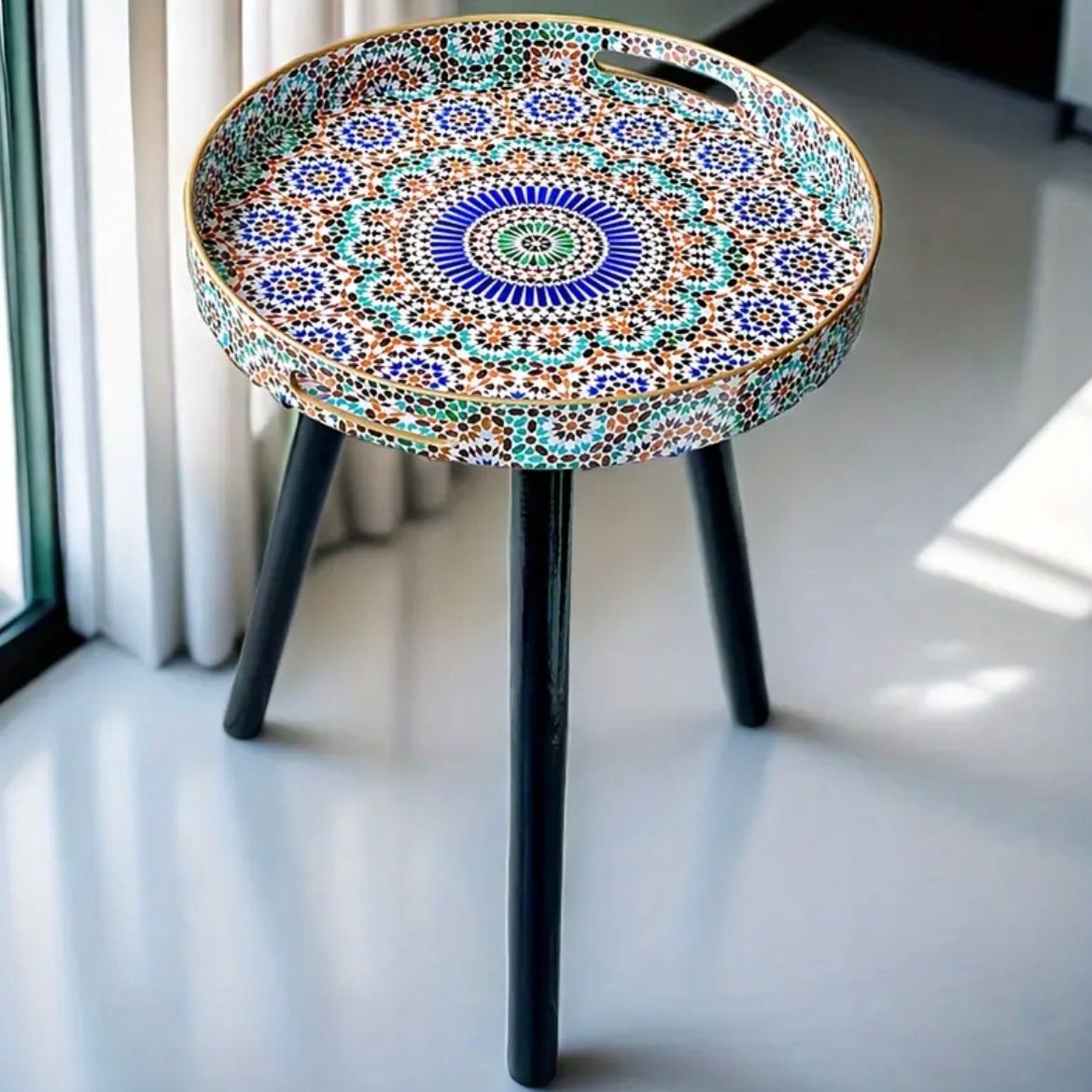 木製円形テーブル タイル装飾付き 木製円形テーブル タイル装飾付き ラウンドテーブル ボヘミアン