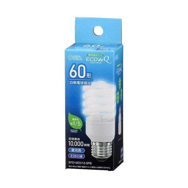 まとめ オーム電機電球形蛍光灯 エコデンキュウ スパイラル形 60形 E26 昼光色 EFD15ED 12-SPB 1個 ×10セット