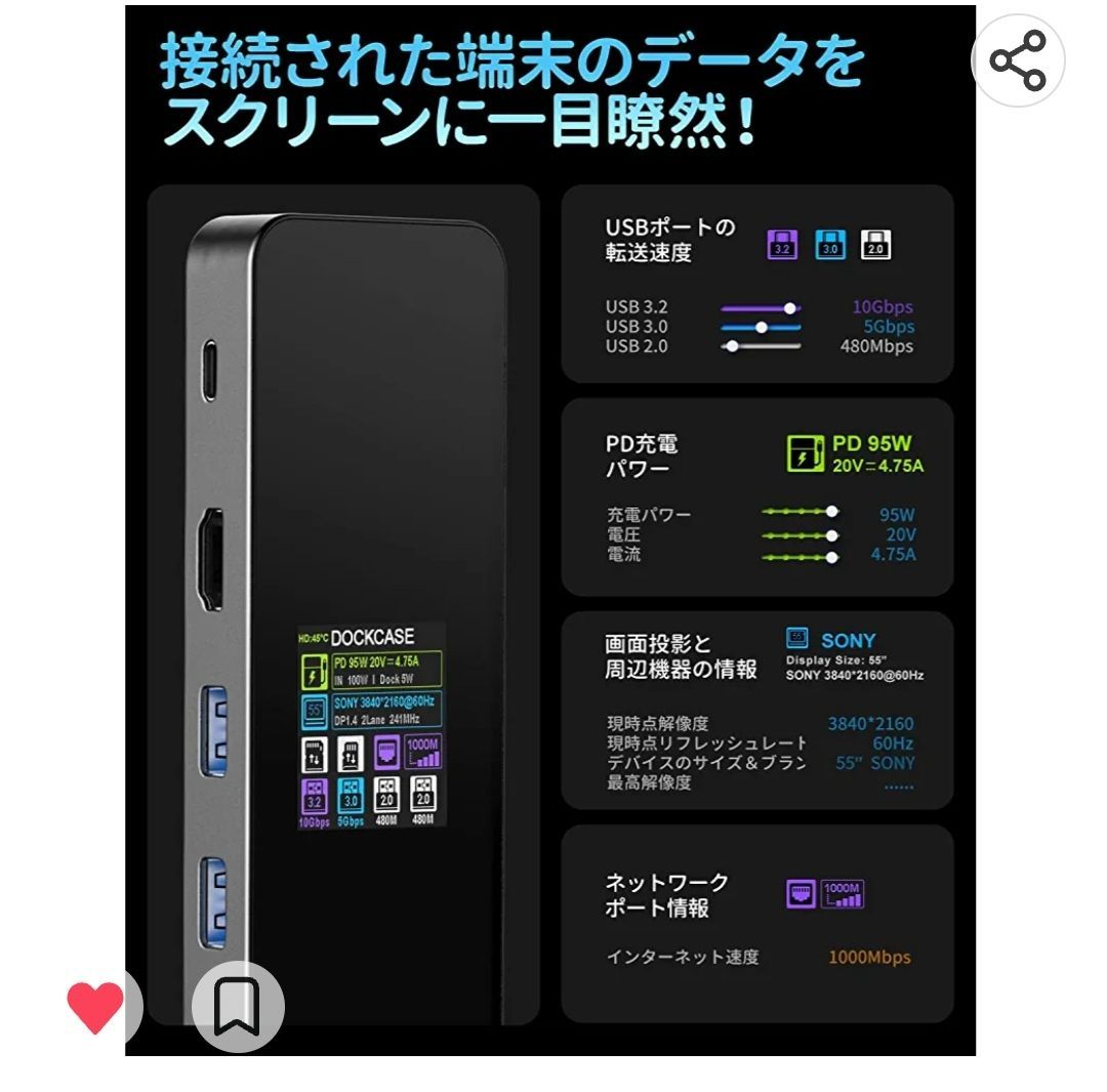 DOCKCASE 9-in-1 USB-Cハブ1000Mbps LANポート、UHS-Ⅱ標準のSD/TF