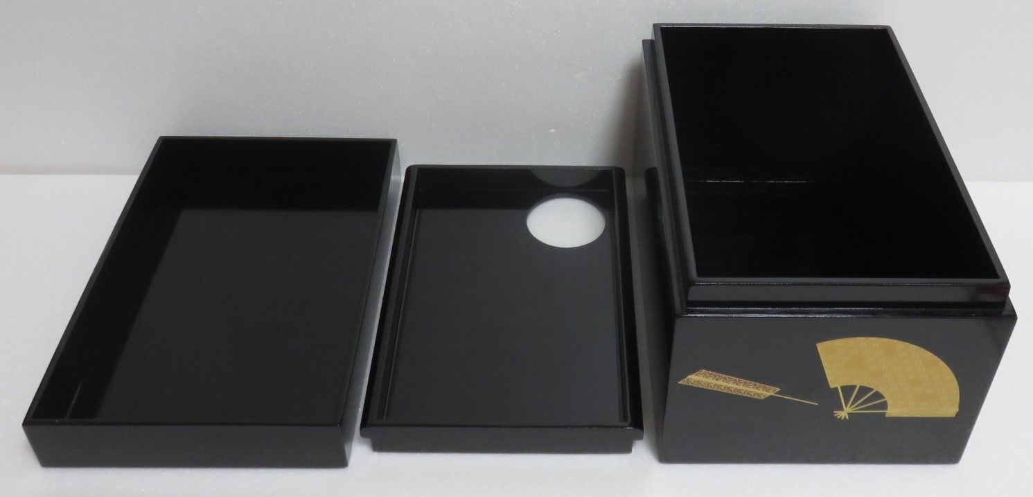 茶道具さくら🌸 木製 黒掻合塗 扇面蒔絵 利休茶箱 塗3点揃