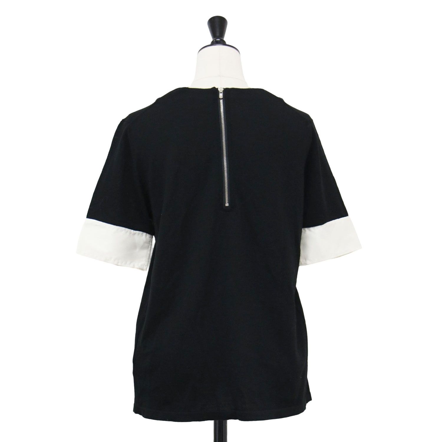 DRESSTERIOR ドレステリア ニット ブラック ホワイト 黒白 サイズ 38 M 22秋冬 襟付き 半袖 プルオーバー ニット クルーネック バックジップ 切替 ハイゲージ ウール トップス セーター レディース