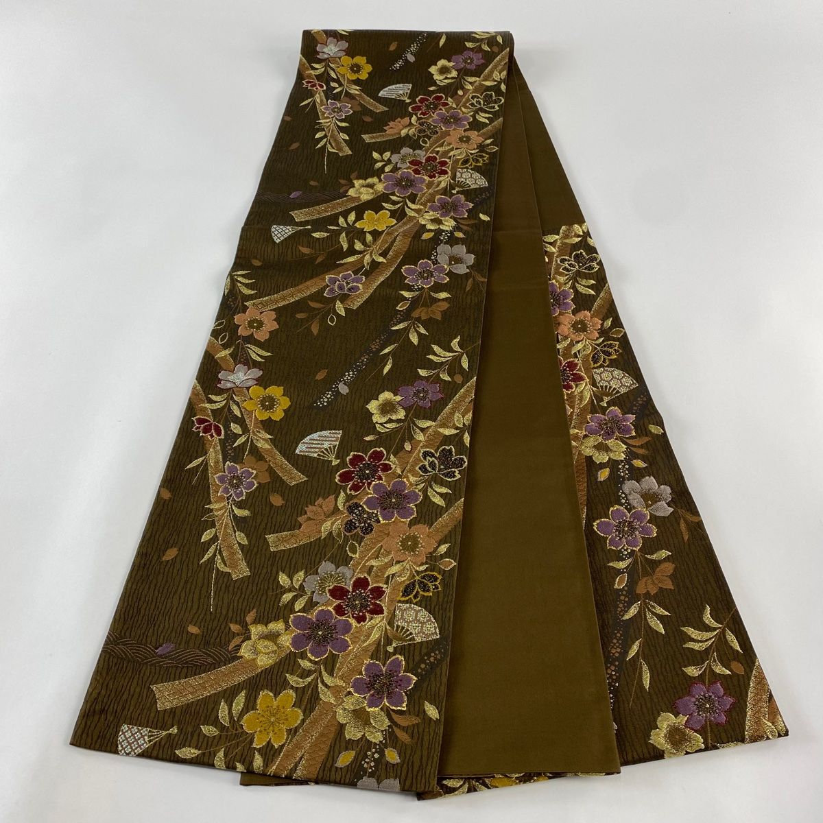 袋帯 美品 秀品 草花 扇 金糸 刺繍 焦茶色 六通 正絹 【中古