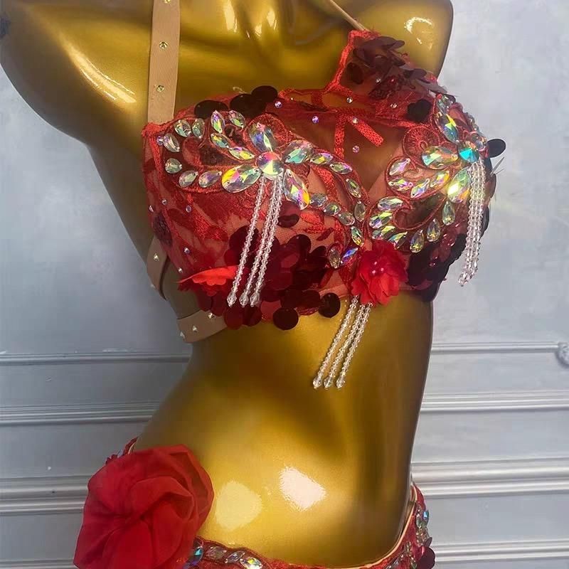 ベリーダンス オリエンタル衣装 薔薇 レッド ブラ スカート オーダー