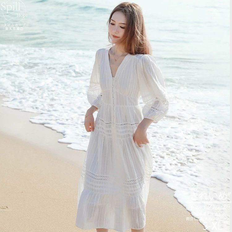3色 白 透かし ワンピース ロング レディース レース ボヘミアン きれいめ ロング丈 長袖 ロングドレス シンプル 春 夏 かわいい