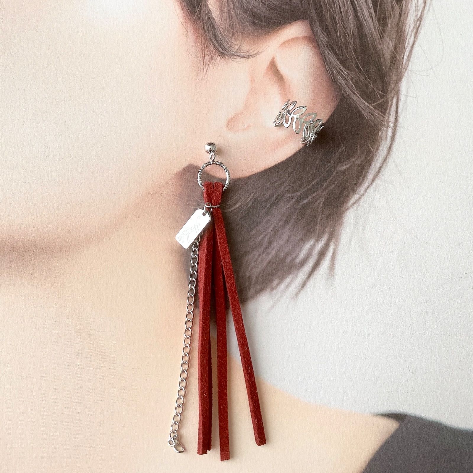 ロングタッセル チェーン 赤 黒 ピアス イヤリング イヤカフ シルバー