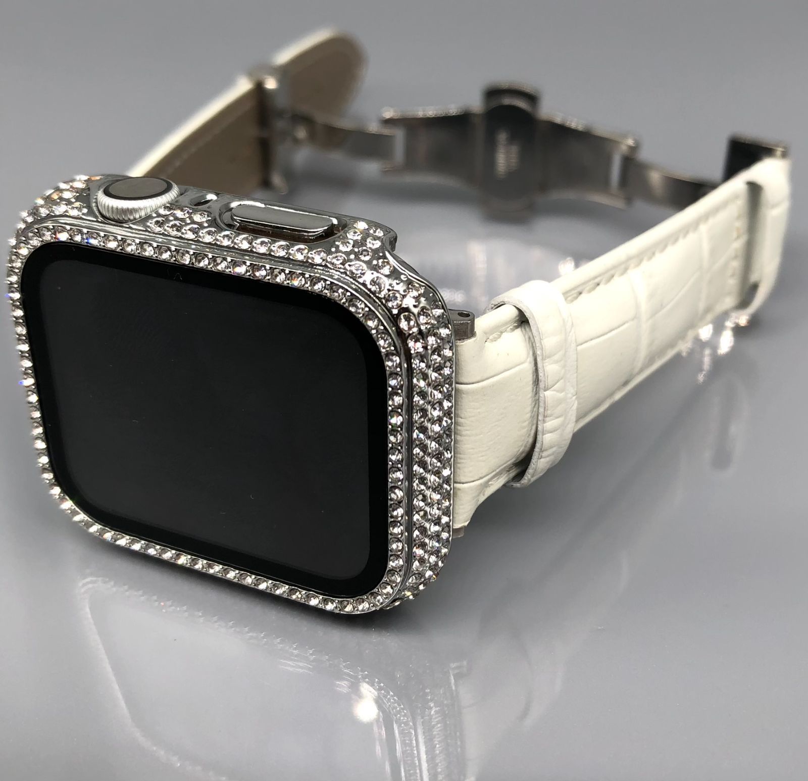 GimelZayinセット Pc ホワイト シルバー アップルウォッチバンド 高級レザー 本革ベルト Apple Watch クロコダイル キラキラ  カバー ケース se メンズ レディース 40mm 41mm 44mm 45mm 37％割引