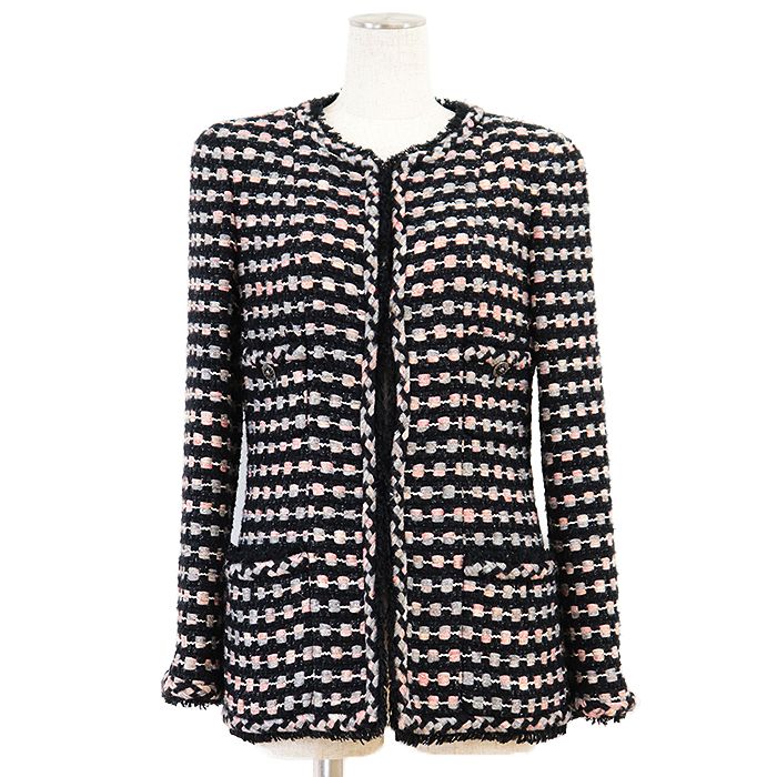 CHANEL シャネル ジャケット 06A P29539 ツイード モヘアブレンド ノー センターベント シグネチャー ロゴ カメリアライニング COCOマーク ボタン アウター レディース サイズ 40 ブラック系 黒系 フランス製
