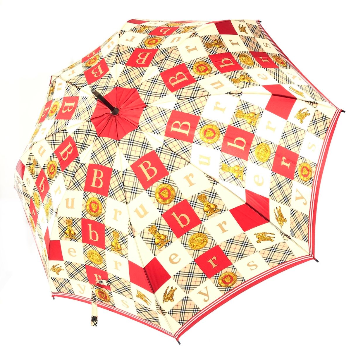 良好 Burberry s バーバリーズ 傘 レッド|ベージュ 総柄 ロゴ レディース 240001144384