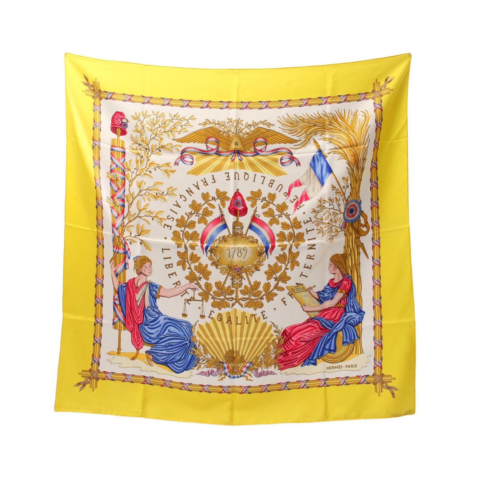 エルメス HERMES スカーフ カレ90 1789 LIBERTE EGALITE FRATERNITE REPUBLIQ イエロー シルク カレ90 レディース Used A